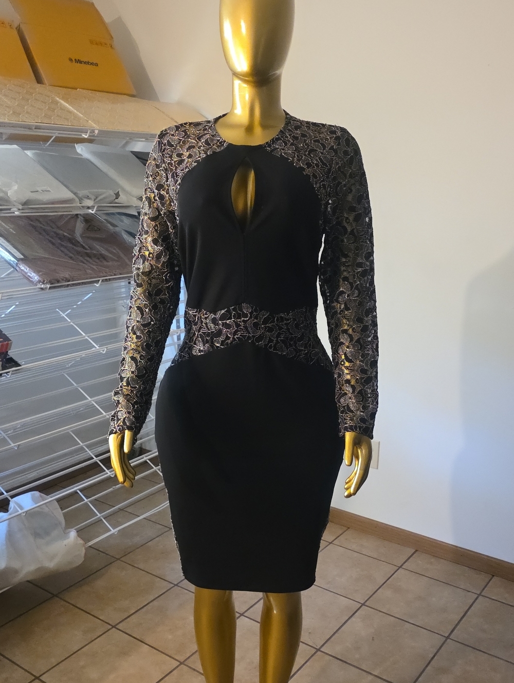 VENUS Black Sheath Dress with Metallic Lace Insets